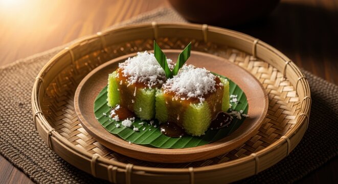 Traditional indonesian kue lupis sticky rice cake with coconut and palm sugar sauce