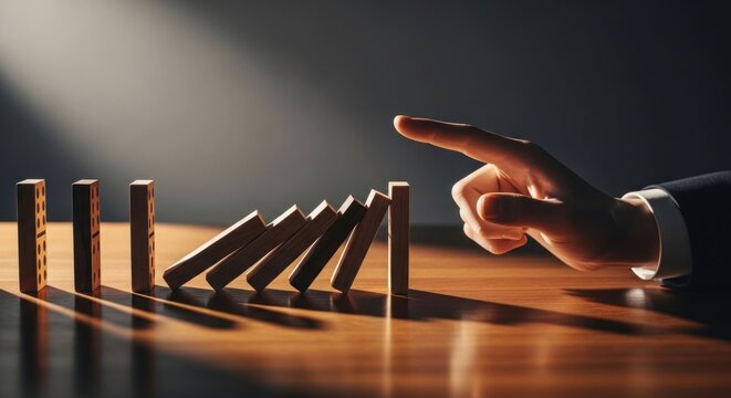 Hand stopping dominoes from falling symbolizing control and prevention.