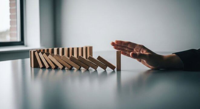 Hand stopping dominoes from falling symbolizing risk management and crisis prevention.