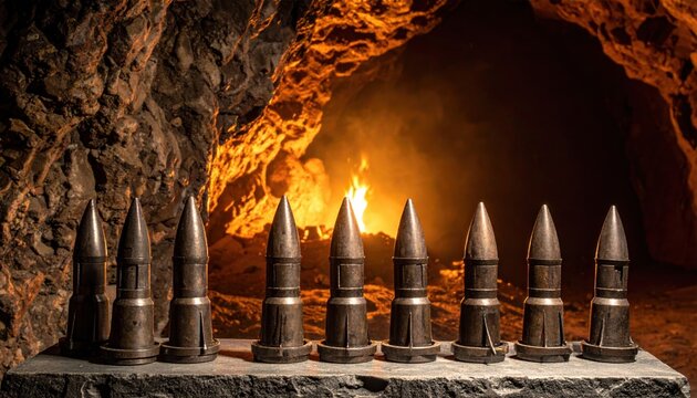 Heavy iron tipped crossbow bolts are lined up on a flat slate ledge inside a dark rock cavern with a glowing orange forge fire, presenting a cinematic medieval fantasy widescreen composition.