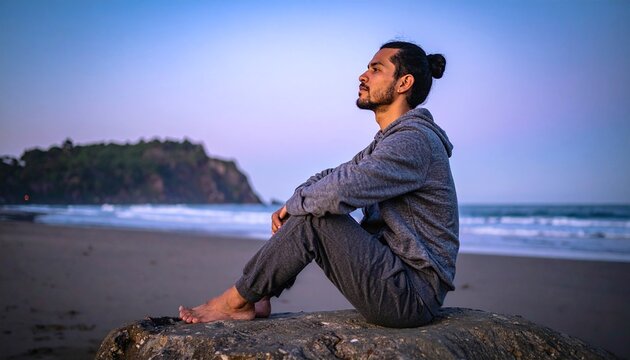 A peaceful man sits on a coastal rock at twilight, reflecting in a mindful moment by the ocean. This cinematic shot evokes serenity, perfect for wellness and mental health campaign visuals.