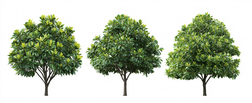 A bunch of Magnolia grandiflora trees stands out against a bright white backdrop.