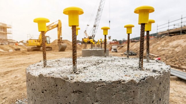 Macro view of a poured concrete cylindrical pillar with thick steel rebar rods protruding from the top, capped with bright yellow plastic.