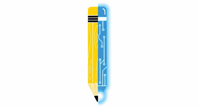 A detailed illustration of a yellow pencil with a circuit board design