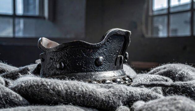 Ancient forged iron neck collar with curved protective plates rests on thick grey wool blankets, showcasing intricate historical craftsmanship and rustic cinematic texture in a soft natural light.