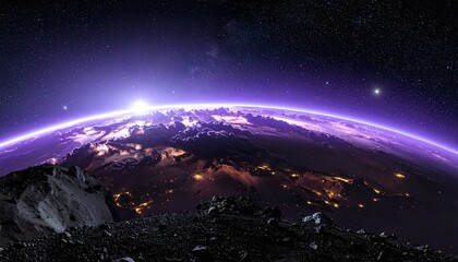 Fototapeta premium Stunning cinematic view of a planet from a rocky asteroid at dawn. Vibrant purple atmosphere and city lights evoke a sense of deep space exploration and endless futuristic discovery.