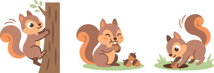 Fototapeta premium Playful Squirrel Characters Climbing Trees, Collecting Acorns, and Digging for Food for Nature and Wildlife Designs