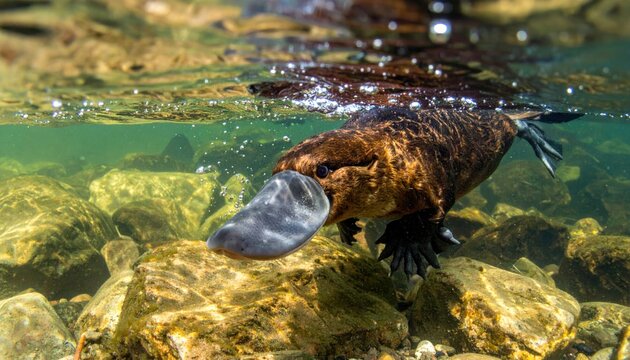 Unique platypus swimming through a clear freshwater stream over river stones, showcasing its distinctive leathery duck bill and webbed feet in a cinematic underwater horizontal composition.