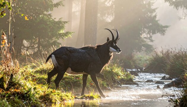 A rare and elusive saola with long slender horns and distinct white facial markings stands cautiously by a river in a foggy forest, capturing a cinematic moment of wild nature in the morning.