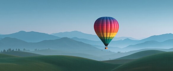 Fototapeta premium A vibrant hot air balloon sails like a dream above morning-kissed hills.