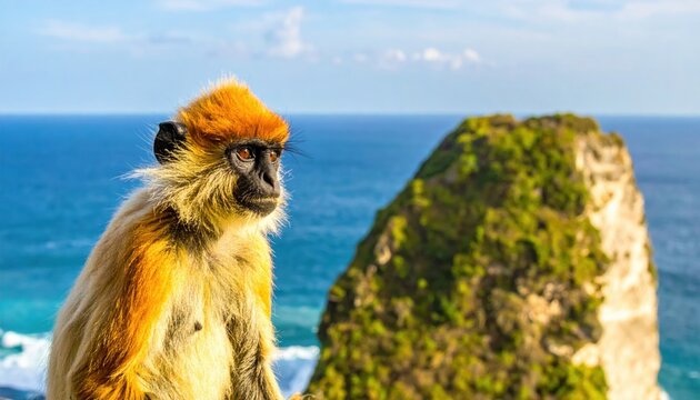 A rare golden headed langur monkey sits gracefully on a high limestone cliff overlooking a tropical ocean, providing a stunning cinematic wildlife banner of endangered primates in nature.