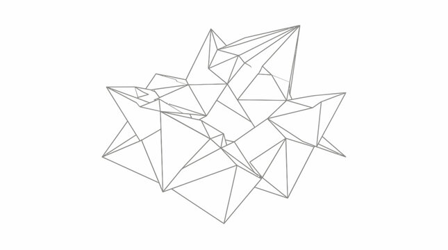 Abstract geometric wireframe structure with sharp angles and interconnected polygons on a white background, representing complex digital forms.