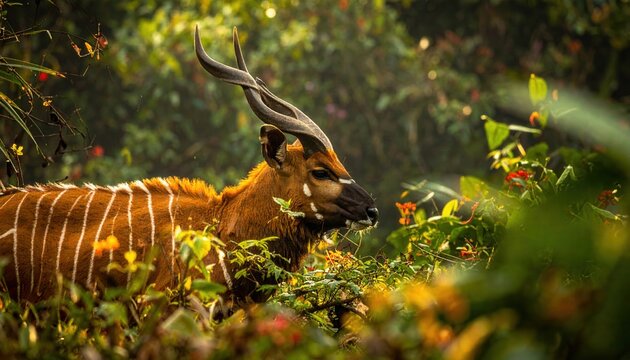 Majestic African Bongo Antelope with Spiraled Horns and Striped Chestnut Coat Standing in a Lush Tropical Forest Undergrowth, Cinematic 169 Widescreen Landscape Wildlife Photography.
