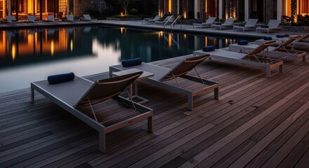 Fototapeta premium Luxury Resort Poolside Lounge Chairs at Night with Reflecting Lights.
