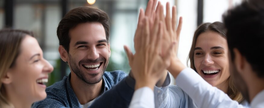 business team soaring high with high-fives in a buzzing modern office success concept