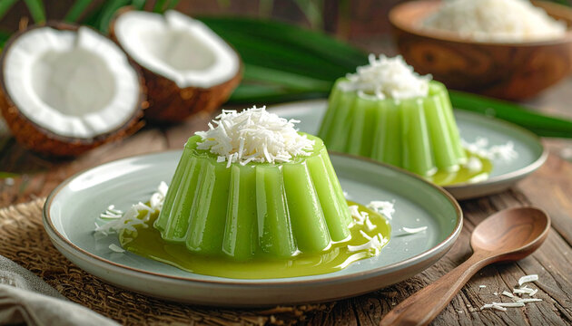 Thai coconut milk banana dessert served with fresh fruit and vegetable salad, cucumber and cheese sauce on a plate, healthy gourmet meal on table
