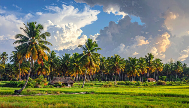 Tropical Asian rice fields and Bali terraces with palm trees, green landscapes, river water and ocean views under a bright sky and clouds