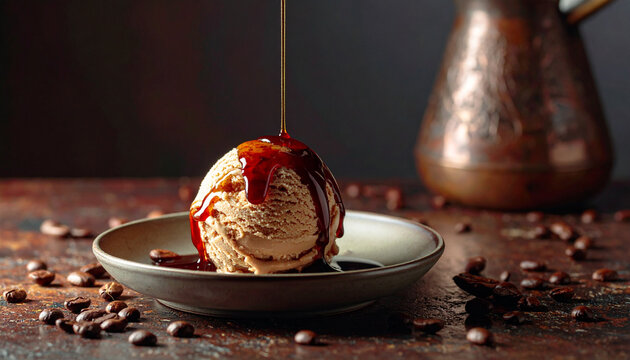 Delicious chocolate ice cream dessert with chocolate sauce on a white plate and coffee cup