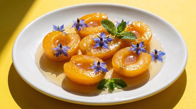 Six halves of golden loquat fruits suspended in a clear shiny syrup on a white plate, beautifully garnished with bright blue edible flora.