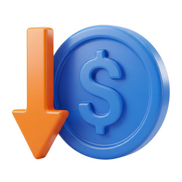 Blue coin with dollar sign and orange downward arrow representing financial loss or decreasing value concept business finance