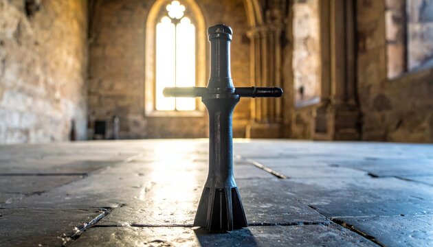Heavy steel mace with fluted head and integrated grip resting on cold stone floor of a medieval cathedral. This cinematic widescreen shot features a gothic window in the background with soft light.