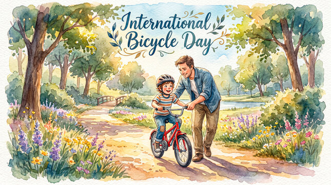 A father teach to his son to ride a bicycle. International Bicycle day. Water color drawing. 2d illustration.
