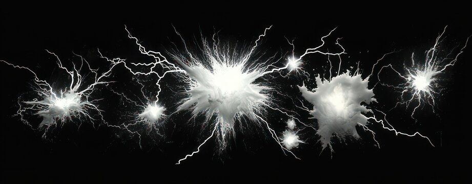 multiple radiant white splashes and sparks with branching lightning-like filaments on a black background, dramatic dynamic electric energy and explosive motion