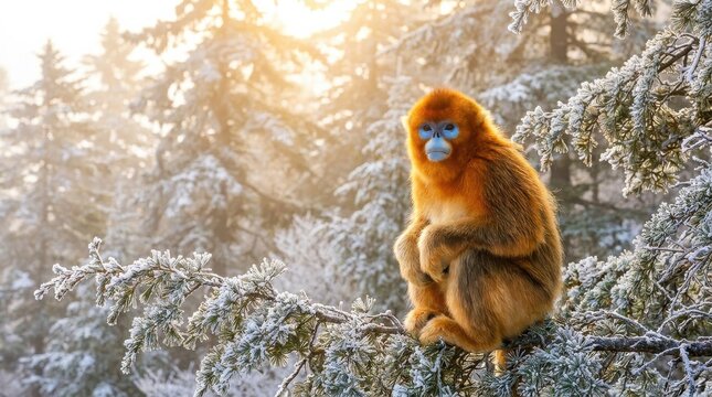 A stunning golden snubnosed monkey with vibrant orange fur sits on a frostcovered branch in a winter forest, illuminated by soft golden sunlight in a cinematic widescreen composition.