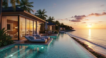 Obraz premium Luxury Tropical Villa with Infinity Pool at Sunset 1.