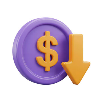 Declining dollar coin with downward arrow signifying currency devaluation and financial market downturn illustration
