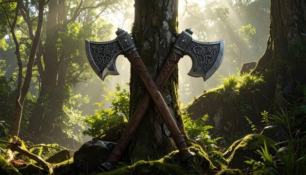 Epic double headed steel battle axe featuring intricate etched patterns on the blade leaning against a mossy tree in a sunlit forest, representing strength and ancient warrior traditions.