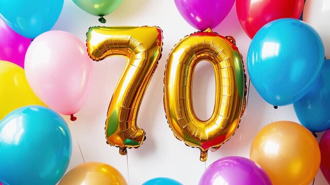Gold 70 balloons, celebration with colorful balloons, mp4 video. AI