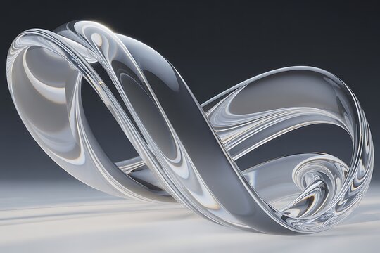 Elegant 3D Refractive Glass Infinity Loop with Liquid Reflections on White Studio Background