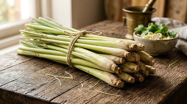 Organic Lemongrass Stalks Arranged on Wooden Board with Natural Window Light and Blurred Background