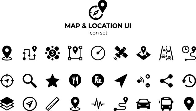 Map Location UI Icon Set Pin Route Step Cluster Geofence Radius Satellite Layer 3D Tilt Traffic ETA Waypoint Real-Time Tracking Navigation Vector Illustration
