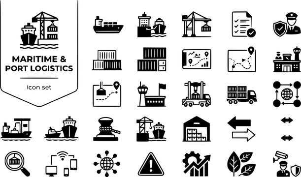 Maritime Port Logistics Icon Set Container Ship Berth Crane Manifest Customs Cargo Voyage Plan AIS Track Port Authority Shipping Freight Vector Illustration