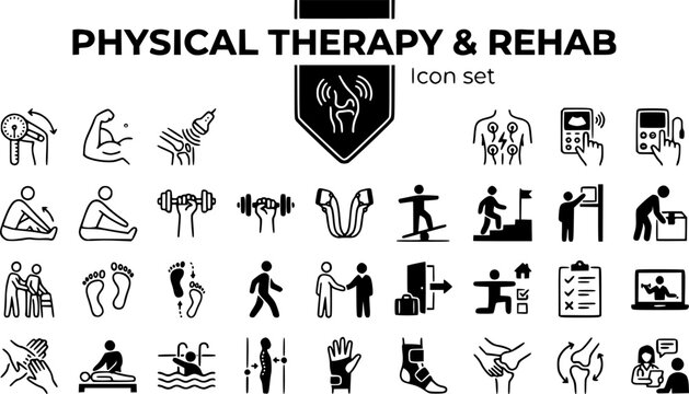 Physical Therapy Rehab Icon Set ROM Ultrasound Therapy TENS Exercise Functional Goal Gait Training Discharge Home Program Recovery Healthcare Vector