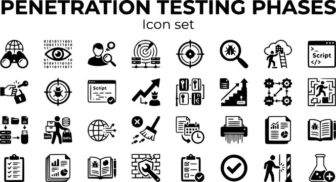 Penetration Testing Phases Icon Set Recon Scan Exploit Escalate Pivot Exfil Cover Tracks Report Remediate Verify Ethical Hacking Workflow Vector Illustration