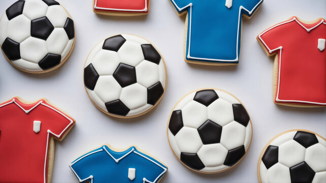 AI-generated flat lay of soccer balls with red and blue team jerseys on gray background for football match and sports fan concept