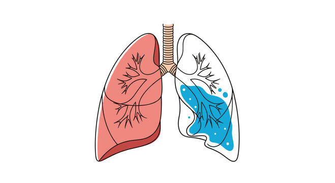 Lung diagram highlights pleural effusion with fluid accumulation in the thoracic cavity compared to a healthy respiratory organ.