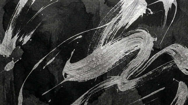 Abstract Luxury Texture Deep Black Ink Wash with Silver Metallic Brush Strokes Japanese Sumi Style
