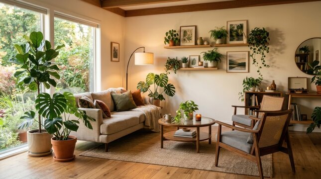 Cozy Modern Living Room Filled With Lush Indoor Houseplants.