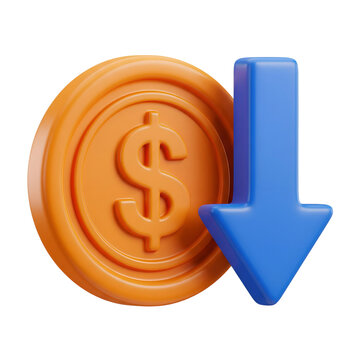 Orange coin with dollar sign and blue downward arrow representing financial loss or decreasing value concept business finance