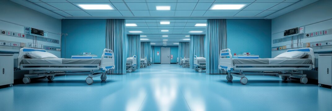 Empty hospital ward with rows of beds, privacy curtains, medical monitors and bright overhead lights in a calm sterile blue interior