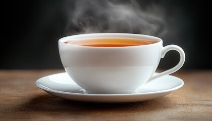 Fototapeta premium Steaming cup of hot tea in a white porcelain cup and saucer on a wooden table against a dark background, warm and inviting