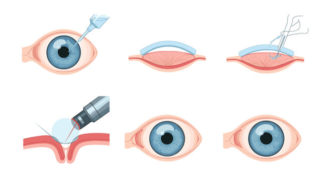 Laser eye surgery steps illustration demonstrates LASIK and cataract procedures for ophthalmological patient information.