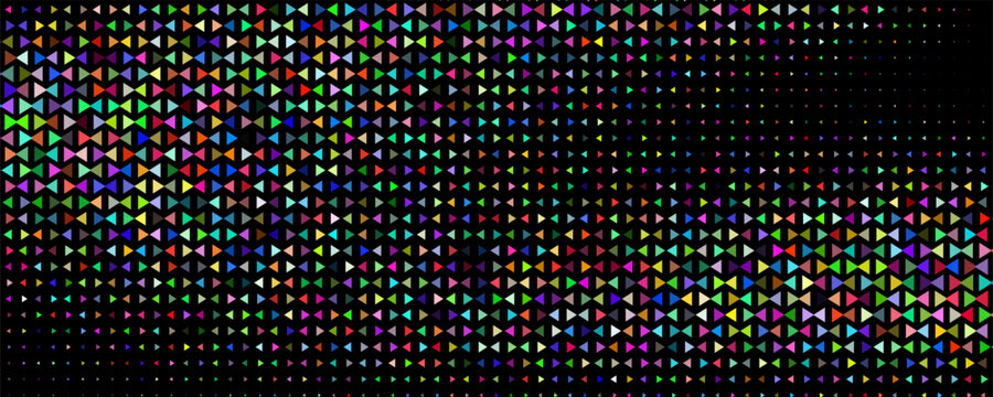 many geometric shapes like circles squares triangles rhombuses, rings on black on a matrix of 32x32 cells for a total of 1024 symbols