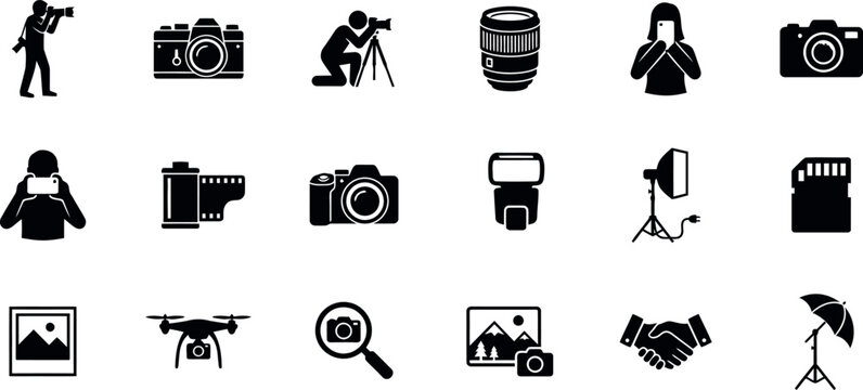 A versatile collection of photography icons, showcasing essential camera equipment, skilled photographers, and creative tools for professional and hobbyist visual content creation