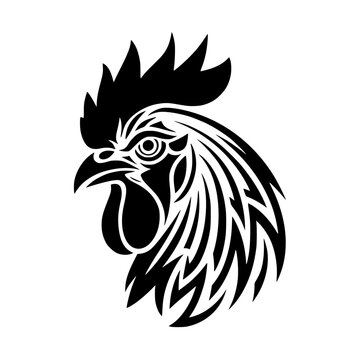 Black rooster head illustration with white lines on plain background for design