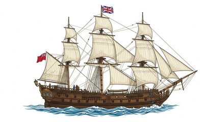 Naklejka premium Vintage Wooden Sailing Ship Vector Illustration Isolated on White Background